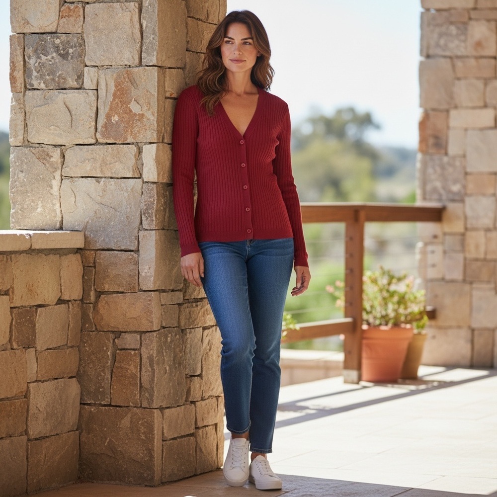 Lands’ End Ribbed V-Neck Cardigan Burgundy Size M Long Sleeve Button Up Y2K